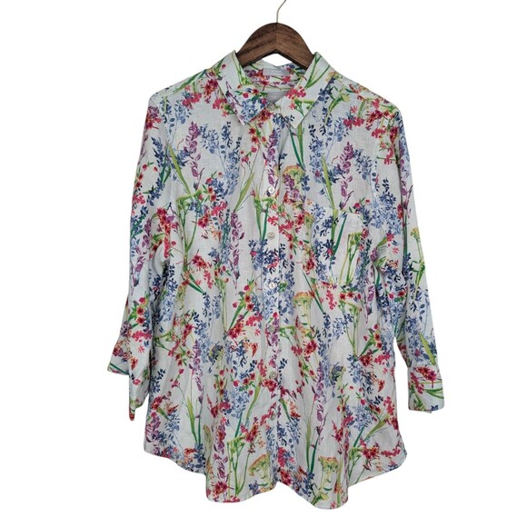 Chico's No Iron FreshChic 100% Linen Floral Print 3/4 Sleeve Button-Up Shirt 2 L - Picture 3 of 9